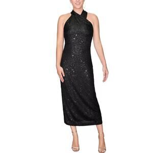 NWT Rachel Roy Black Fitted Sequined Back Slit Midi Dress • Size XS